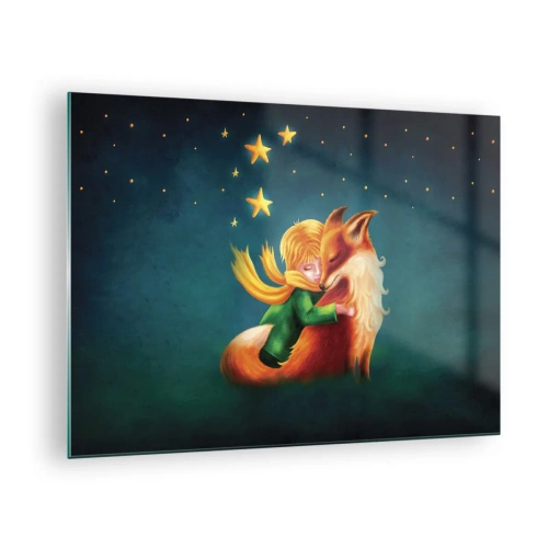 Obraz na szkle - Mały Książę przytulający lisa pod rozgwieżdżonym niebem - 70x50cm - Mały Książę - Nowoczesna dekoracja ścienna do salonu i sypialni ARTTOR