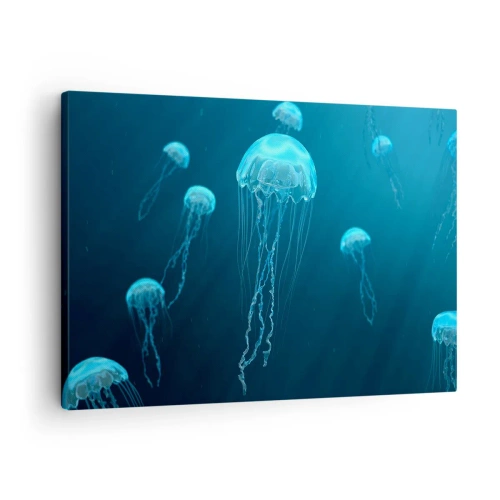 Obraz na płótnie - Meduzy unoszące się w głębinach oceanu w niebieskiej tonacji - 70x50cm - Oceaniczny taniec - Nowoczesna dekoracja ścienna do salonu i sypialni ARTTOR