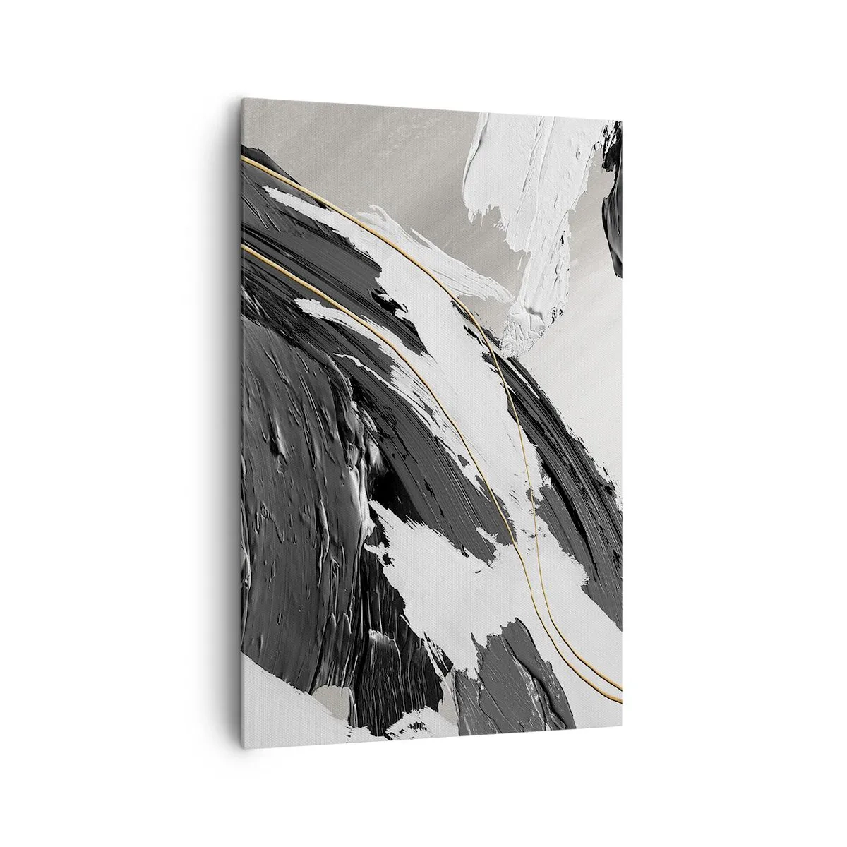 Obraz na płótnie - Czarno-białe pociągnięcia farby z delikatnym złotym akcentem - 80x120cm - Abstrakcja z rozmachem - Nowoczesna dekoracja ścienna do salonu i sypialni ARTTOR