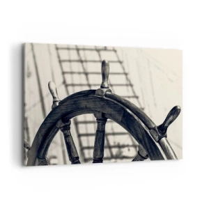 Obraz na płótnie - Ster żeglarski w stylu retro na tle statku - 100x70cm - Morskie opowieści - Nowoczesna dekoracja ścienna do salonu, kuchni i sypialni ARTTOR