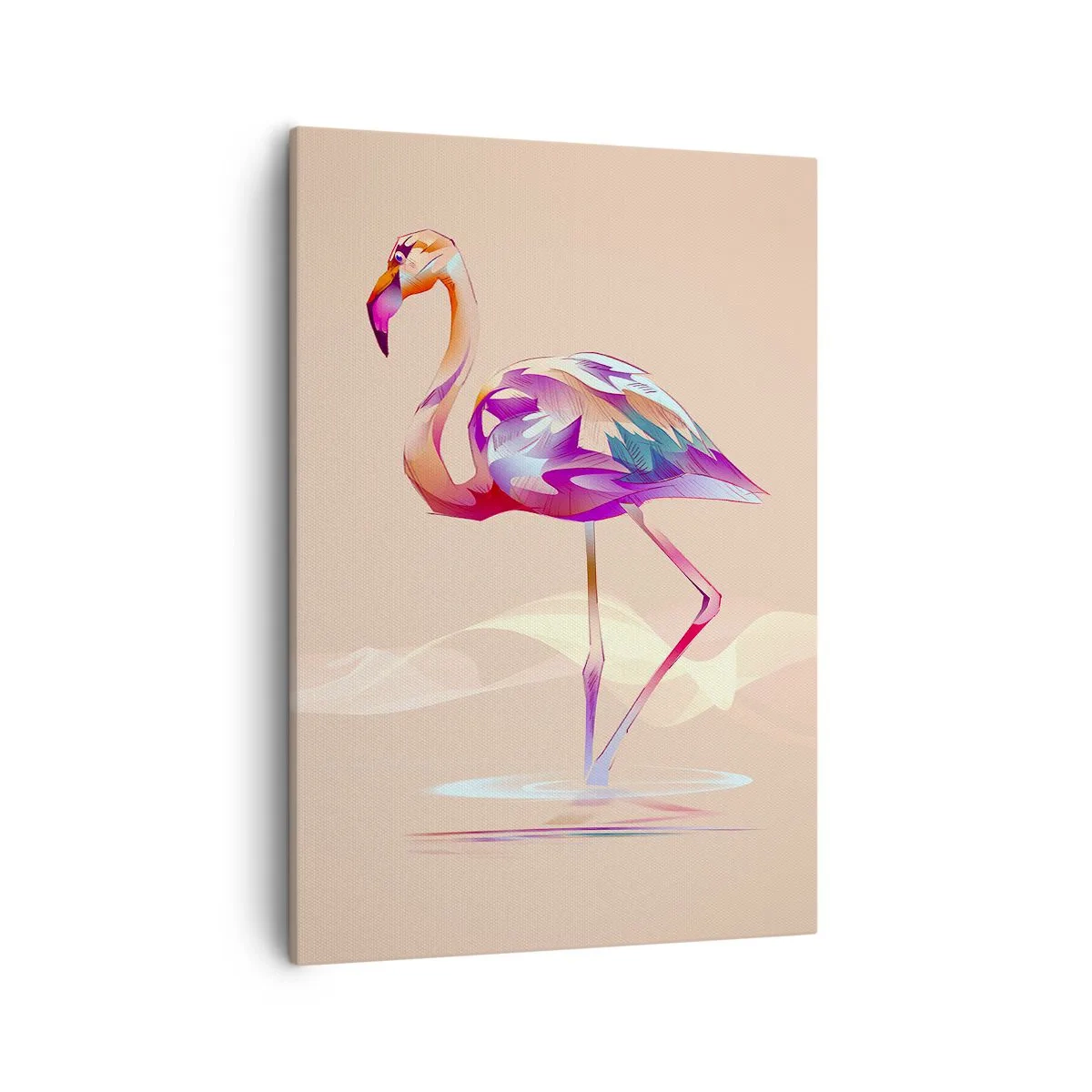Obraz na płótnie - Kolorowa ilustracja flaminga stojącego w wodzie na beżowym tle - 50x70cm - Ptak dobrych emocji - Nowoczesna dekoracja ścienna do salonu, kuchni i sypialni ARTTOR