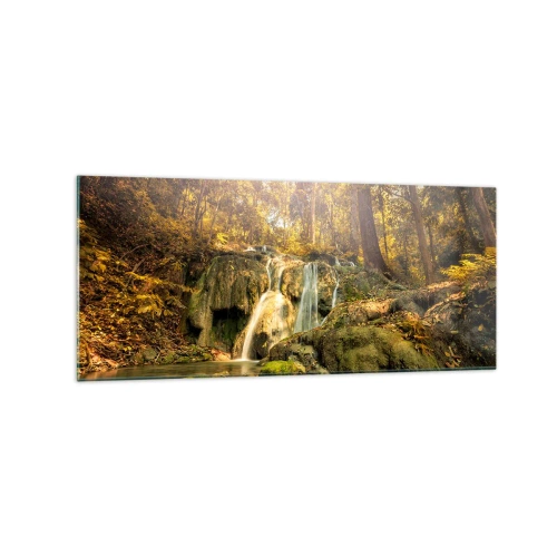 Obraz na szkle - Leśny wodospad w promieniach słońca otoczony zielenią - 120x50cm - Leśna kaskada w zieleni - Nowoczesna dekoracja ścienna do salonu i sypialni ARTTOR
