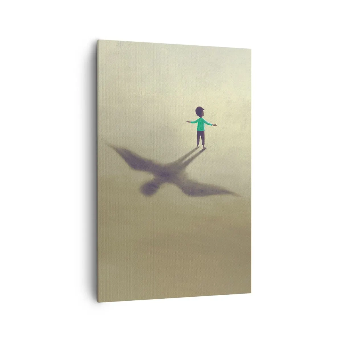 Obraz na płótnie - Symboliczna postać dziecka z cieniem ptaka na tle w ciepłych odcieniach - 80x120cm - Bohater przyszłości - Nowoczesna dekoracja ścienna do salonu i sypialni ARTTOR