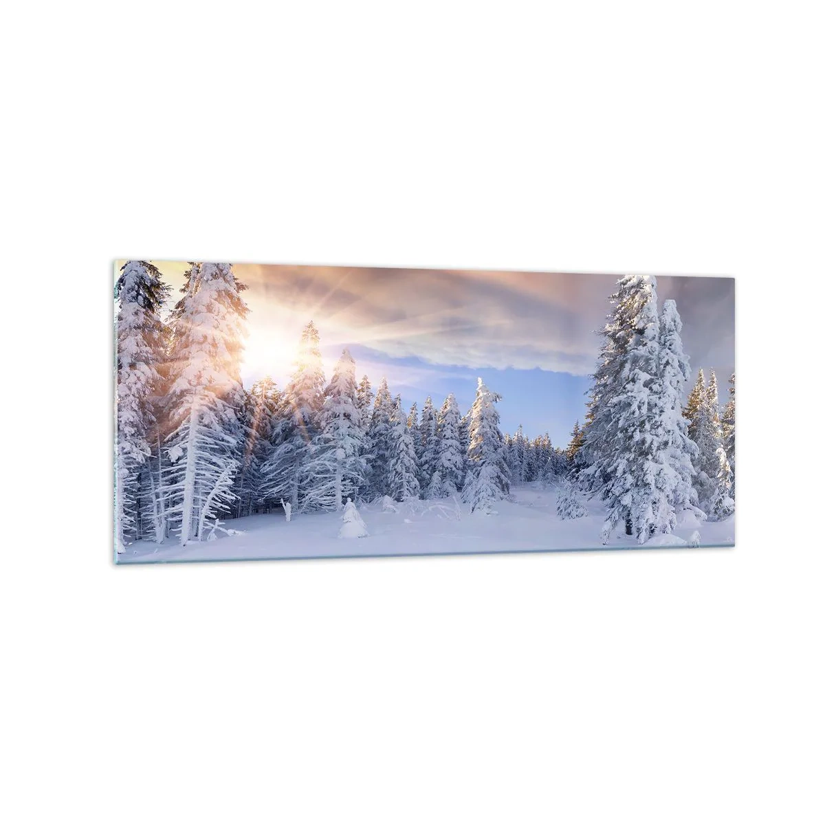 Obraz na szkle - Zimowy krajobraz z ośnieżonym lasem o zachodzie słońca - 120x50cm - Snieżny spektakl natury - Nowoczesna dekoracja ścienna do salonu i sypialni ARTTOR