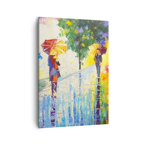 Obraz na płótnie - Spacer w deszczu z parasolami w żywych kolorach - 50x70cm - I wszystko jasne - Nowoczesna dekoracja ścienna do salonu, kuchni i sypialni ARTTOR
