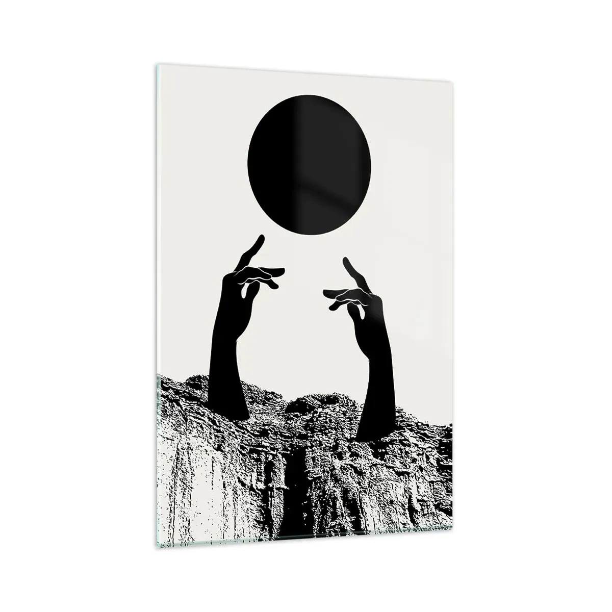 Obraz na szkle - Czarne dłonie wyłaniające się z ziemi sięgające po czarne słońce - 80x120cm - Kompozycja surrealistyczna: słońce i reszta - Nowoczesna dekoracja ścienna do salonu i sypialni ARTTOR