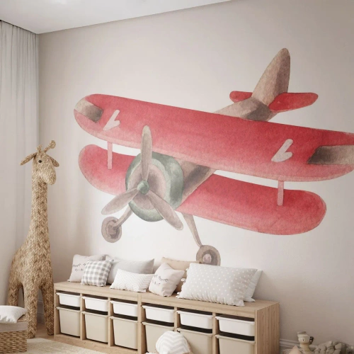 Fototapeta Premium Sand - Czerwony dwupłatowiec w stylu retro na białym tle - 100x70cm - Gotowy do wysokich lotów - Nowoczesna dekoracja ścienna do salonu, kuchni i sypialni ARTTOR