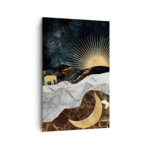 Obraz na płótnie - Złoty księżyc, słońce i słonie na tle marmurowych gór i nocnego nieba - 80x120cm - Odwieczne prawa - Nowoczesna dekoracja ścienna do salonu i sypialni ARTTOR