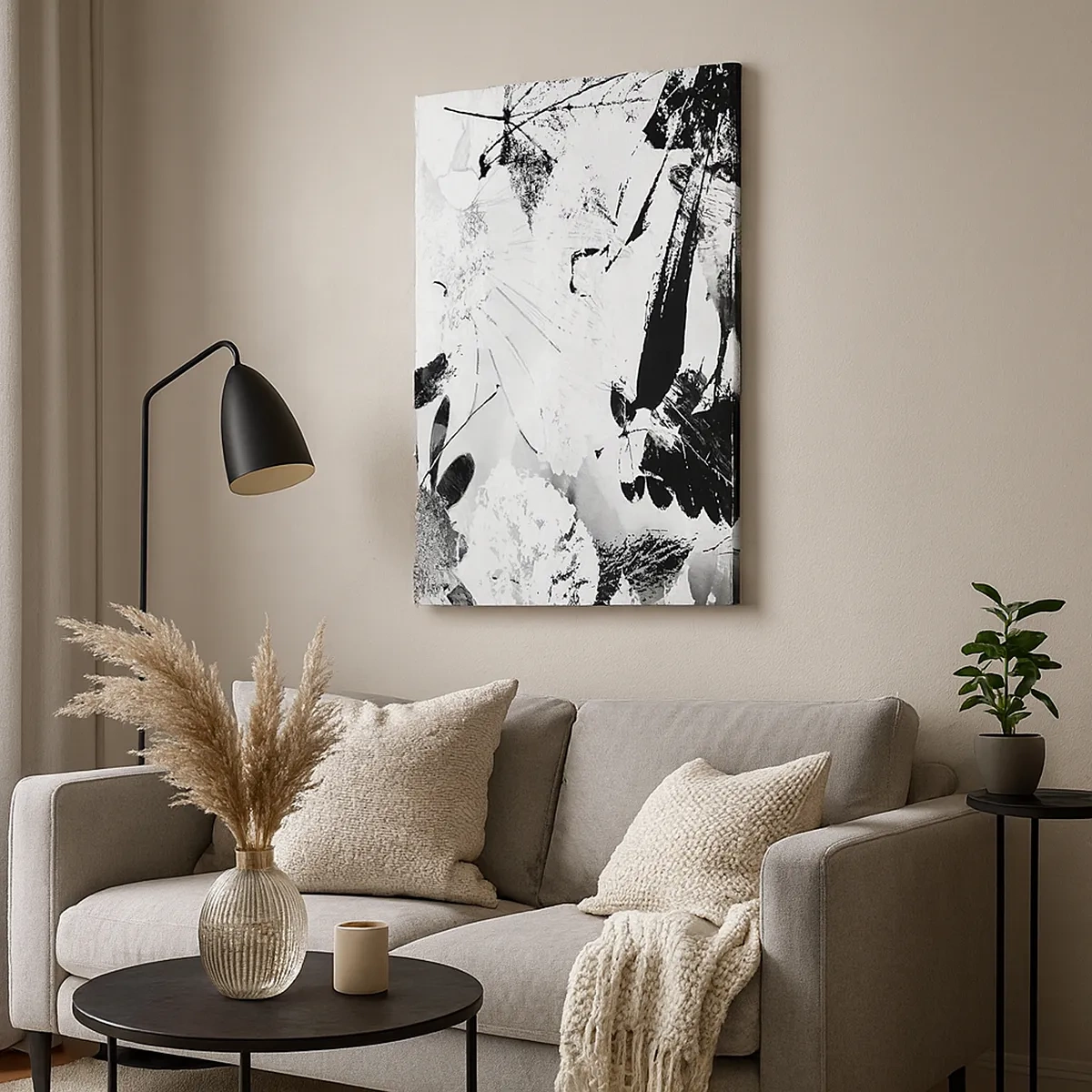 Obraz na płótnie - Abstrakcyjne czarno-białe motywy roślinne - 50x70cm - Jesień w negatywie - Nowoczesna dekoracja ścienna do salonu, kuchni i sypialni ARTTOR