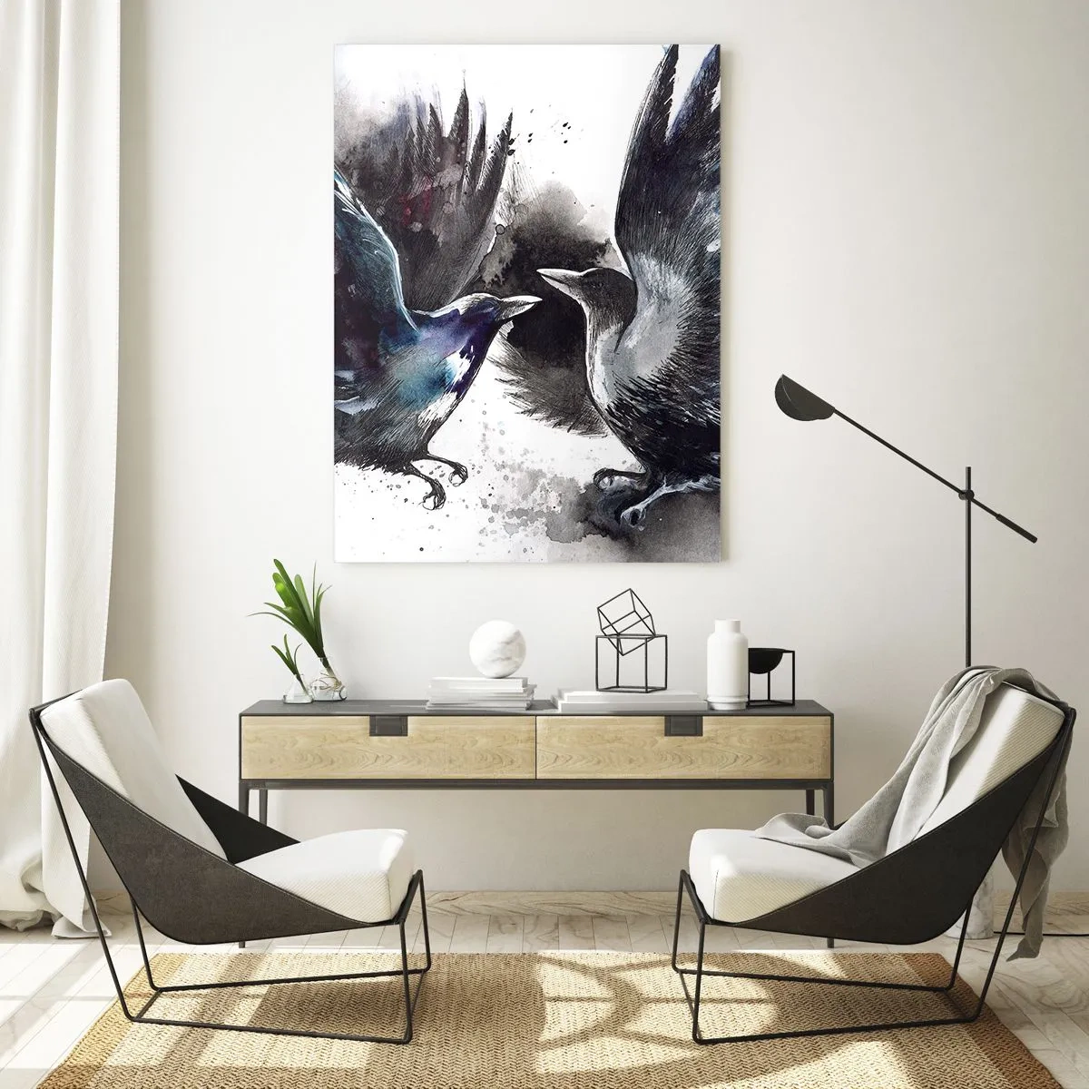 Obraz na szkle - Artystyczne kruki w dynamicznej kompozycji akwarelowej - 70x100cm - Kruk krukowi… - Nowoczesna dekoracja ścienna do salonu i sypialni ARTTOR