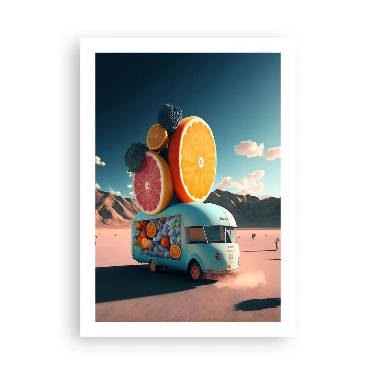 Plakat - Fantazyjna ciężarówka z owocami na pustyni - 50x70cm - Smak wakacji - Nowoczesna dekoracja ścienna do salonu, kuchni i sypialni ARTTOR