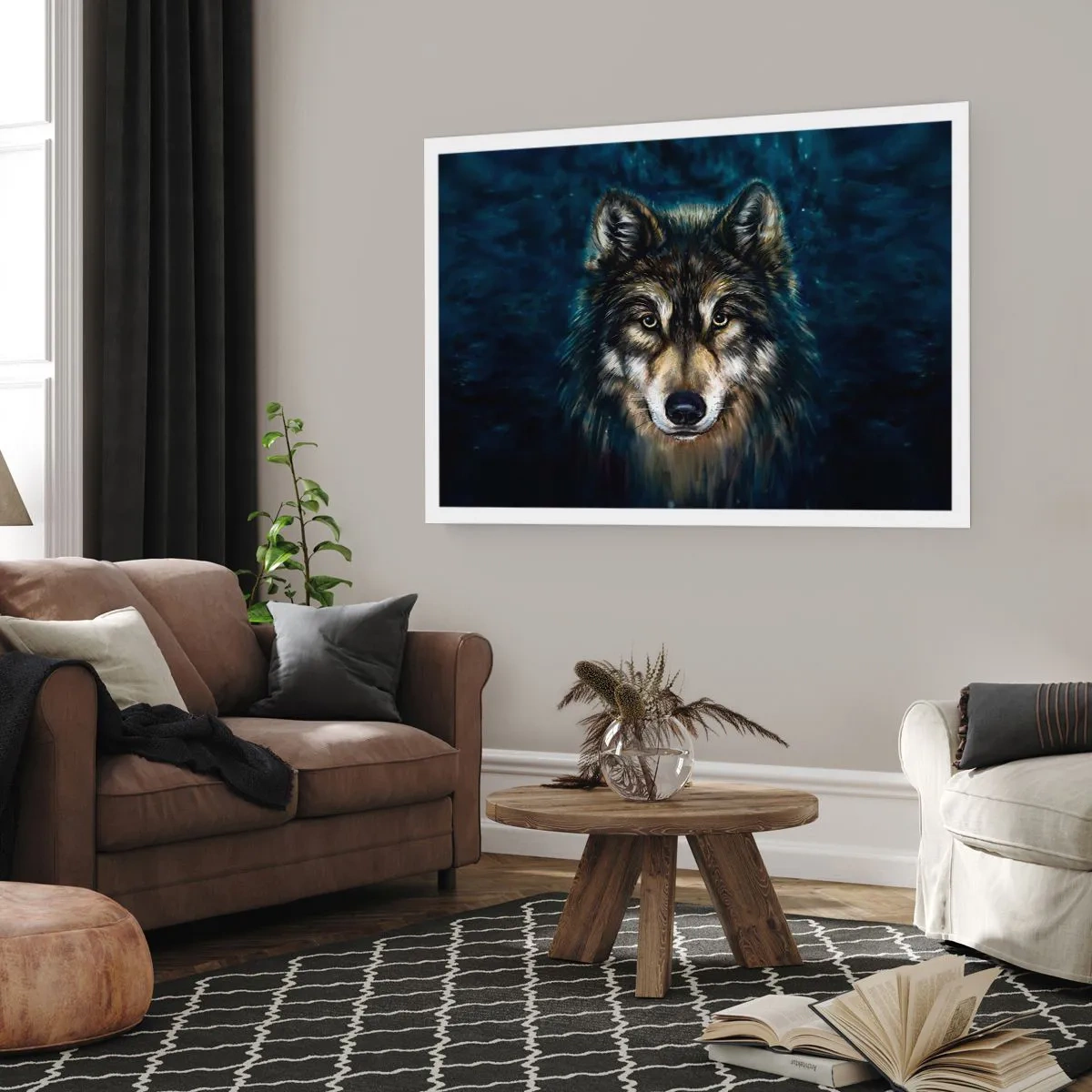 Plakat - Portret wilka na ciemnym tle w odcieniach niebieskiego - 100x70cm - Alfa? I omega - Nowoczesna dekoracja ścienna do salonu i sypialni ARTTOR