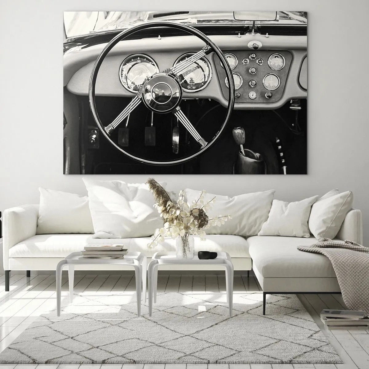 Obraz na szkle - Kierownica i zegary klasycznego samochodu w sepii - 70x50cm - Marzenie kolekcjonera - Nowoczesna dekoracja ścienna do salonu i sypialni ARTTOR