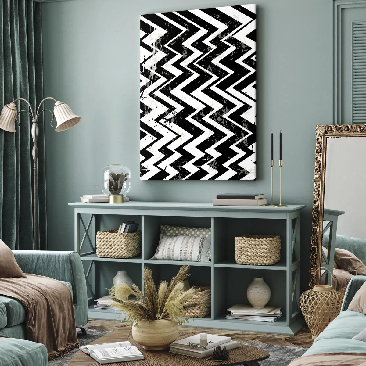 Obraz na płótnie - Czarno-biały wzór w zygzaki z artystycznymi przetarciami - 70x100cm - Zyg-białe, zag-czarne - Nowoczesna dekoracja ścienna do salonu i sypialni ARTTOR