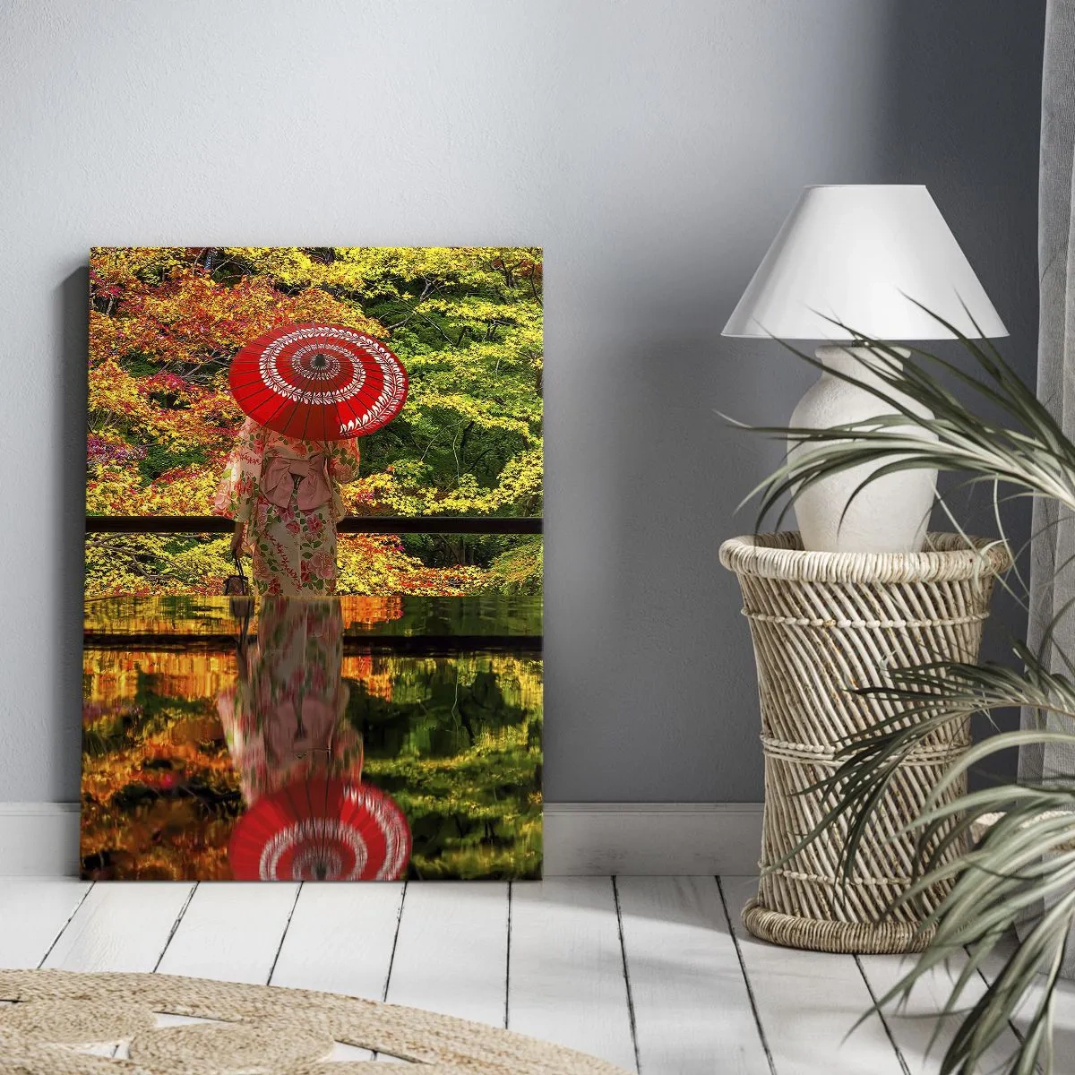 Obraz na płótnie - Kobieta w kimonie z parasolem na tle jesiennego krajobrazu - 80x120cm - W świątyni natury - Nowoczesna dekoracja ścienna do salonu i sypialni ARTTOR