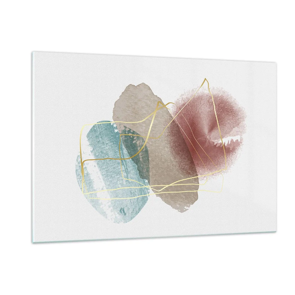 Obraz na szkle - Abstrakcyjne plamy akwareli i złote linie - 120x80cm - Korale przestrzeni - Nowoczesna dekoracja ścienna do salonu, kuchni i sypialni ARTTOR