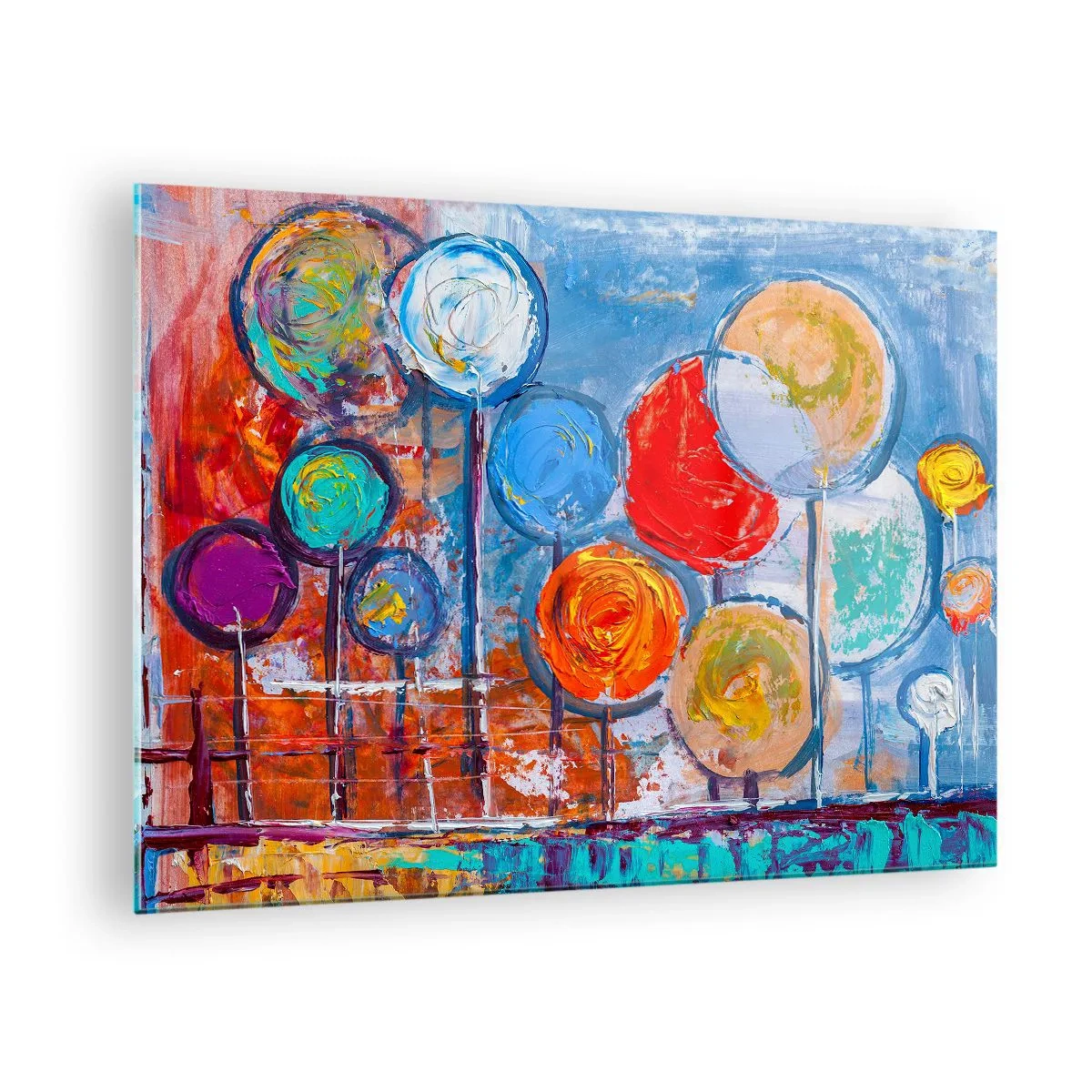 Obraz na szkle - Kolorowe, abstrakcyjne drzewa malowane na tle nieba - 70x50cm - Cuda na kiju - Nowoczesna dekoracja ścienna do salonu i sypialni ARTTOR