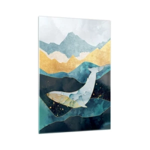 Obraz na szkle - Abstrakcyjny wieloryb wśród fal i gór w odcieniach błękitu i złota - 70x100cm - Chłodne piękno północy - Nowoczesna dekoracja ścienna do salonu i sypialni ARTTOR