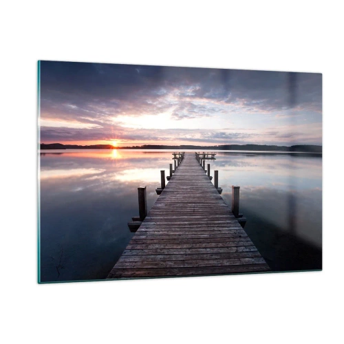 Obraz na szkle - Drewniany pomost na jeziorze o zachodzie słońca - 120x80cm - Cicha granica dnia i nocy - Nowoczesna dekoracja ścienna do salonu, kuchni i sypialni ARTTOR