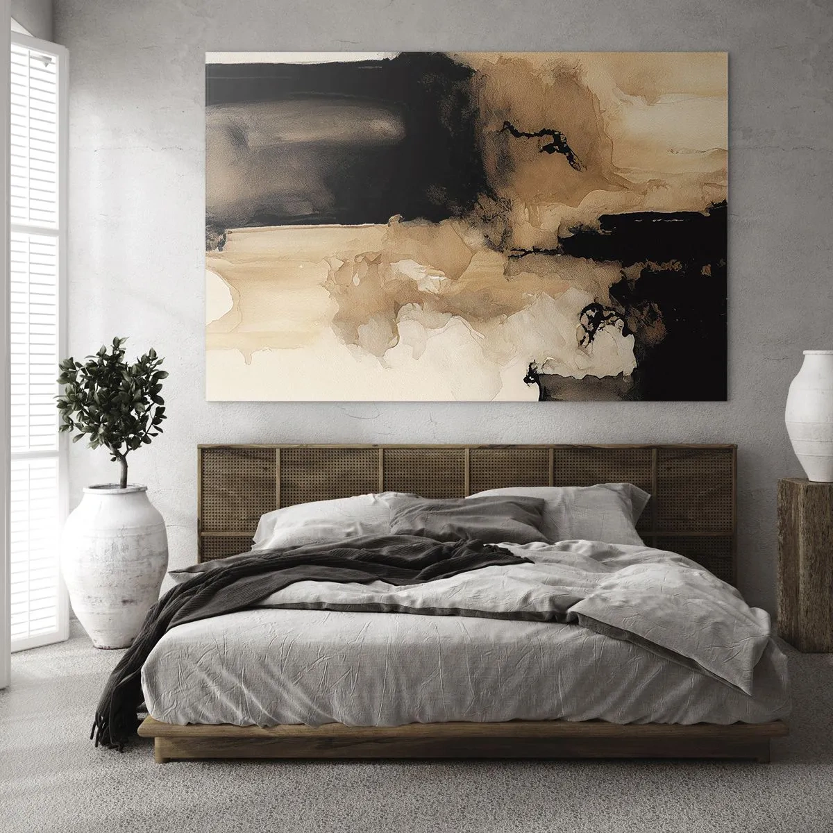 Obraz na szkle - Abstrakcyjna forma w czerni i brązie na jasnym tle - 70x50cm - Abstrakcja intrygująca - Nowoczesna dekoracja ścienna do salonu i sypialni ARTTOR