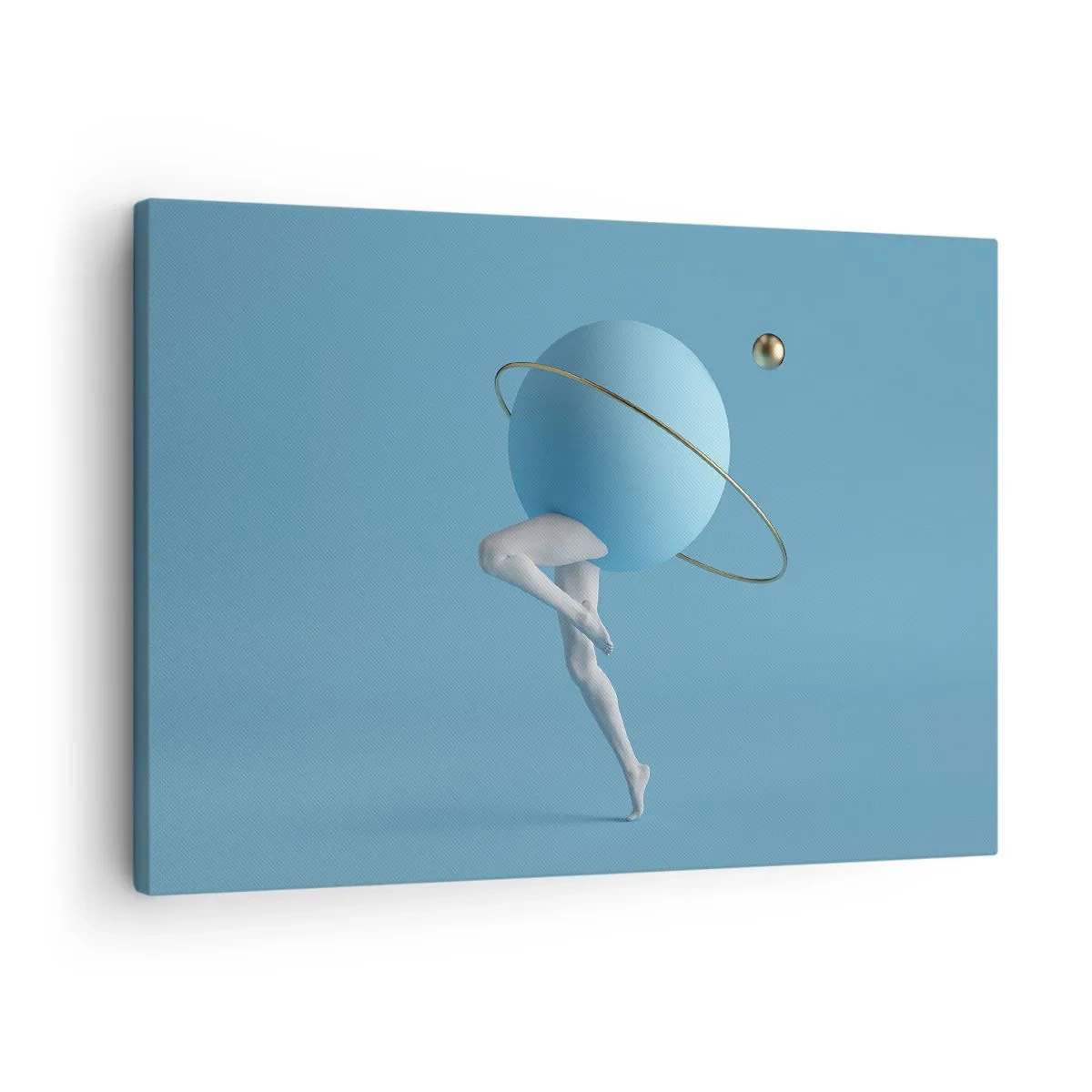 Obraz na płótnie - Niebieska kula z orbitą i ludzkimi nogami na tle nieba - 70x50cm - A planety szaleją - Nowoczesna dekoracja ścienna do salonu i sypialni ARTTOR