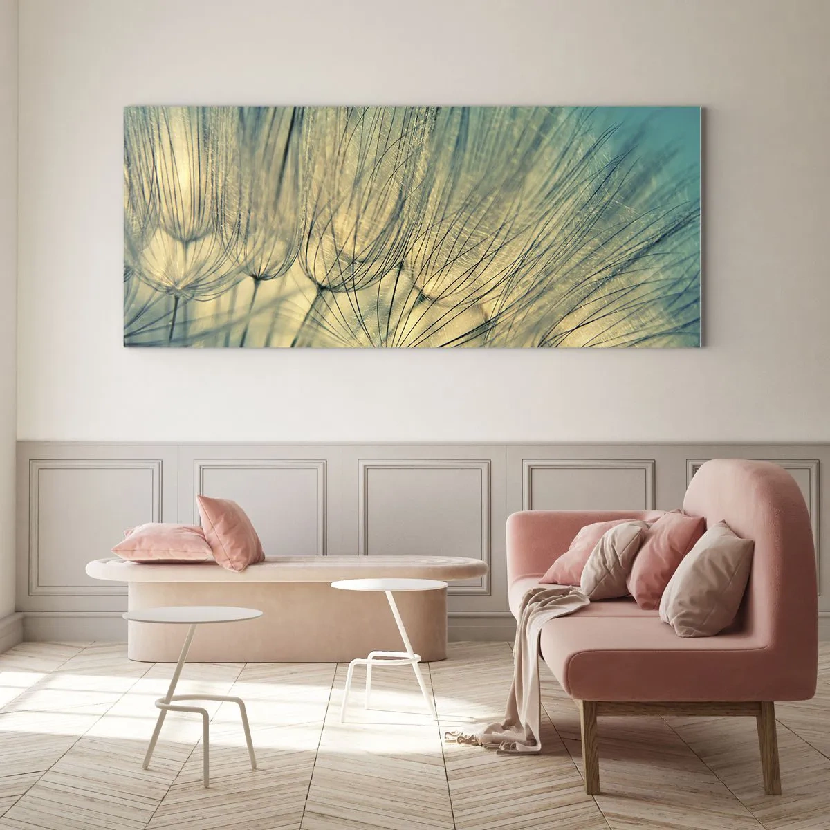 Obraz na szkle - Makrofotografia dmuchawców w świetle dziennym - 120x50cm - W oczekiwaniu na wiatr - Nowoczesna dekoracja ścienna do salonu i sypialni ARTTOR