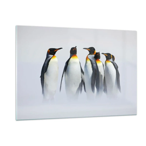 Obraz na szkle - Grupa pingwinów w zimowej scenerii - 120x80cm - Spotkanie w wieczorowych strojach - Nowoczesna dekoracja ścienna do salonu, kuchni i sypialni ARTTOR