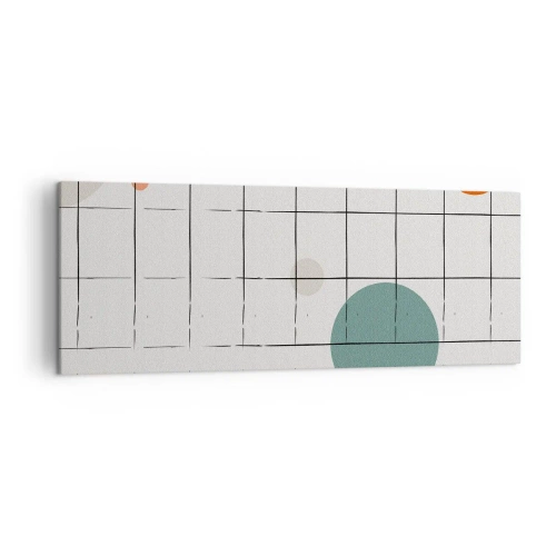 Obraz na płótnie - Abstrakcyjne okręgi w kolorach na tle geometrycznej siatki - 140x50cm - Uwięzione. My czy one? - Nowoczesna dekoracja ścienna do salonu i sypialni ARTTOR