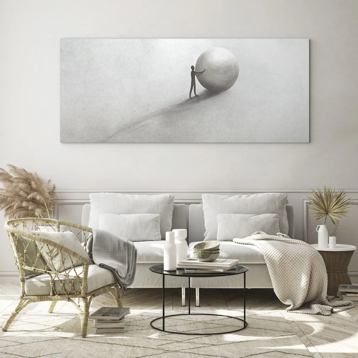 Obraz na szkle - Minimalistyczna postać z kulą na jasnym, monochromatycznym tle - 140x50cm - Gra życia - Nowoczesna dekoracja ścienna do salonu i sypialni ARTTOR