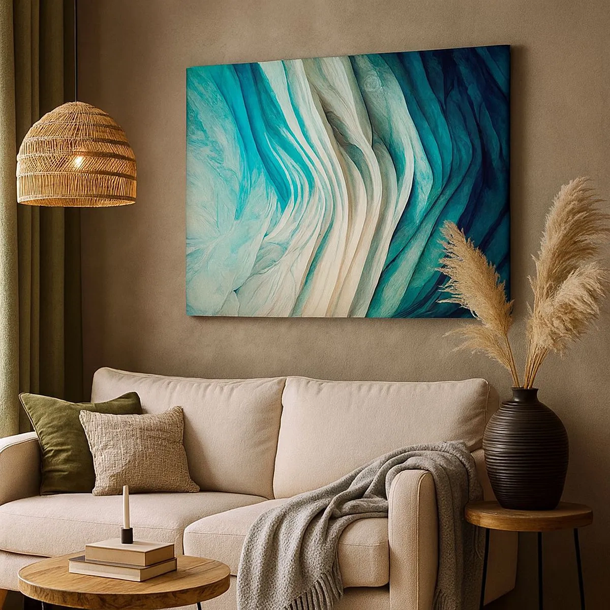 Obraz na płótnie - Dynamiczne fale w odcieniach błękitu i bieli - 70x50cm - Błękitne nienasycenie - Nowoczesna dekoracja ścienna do salonu i sypialni ARTTOR