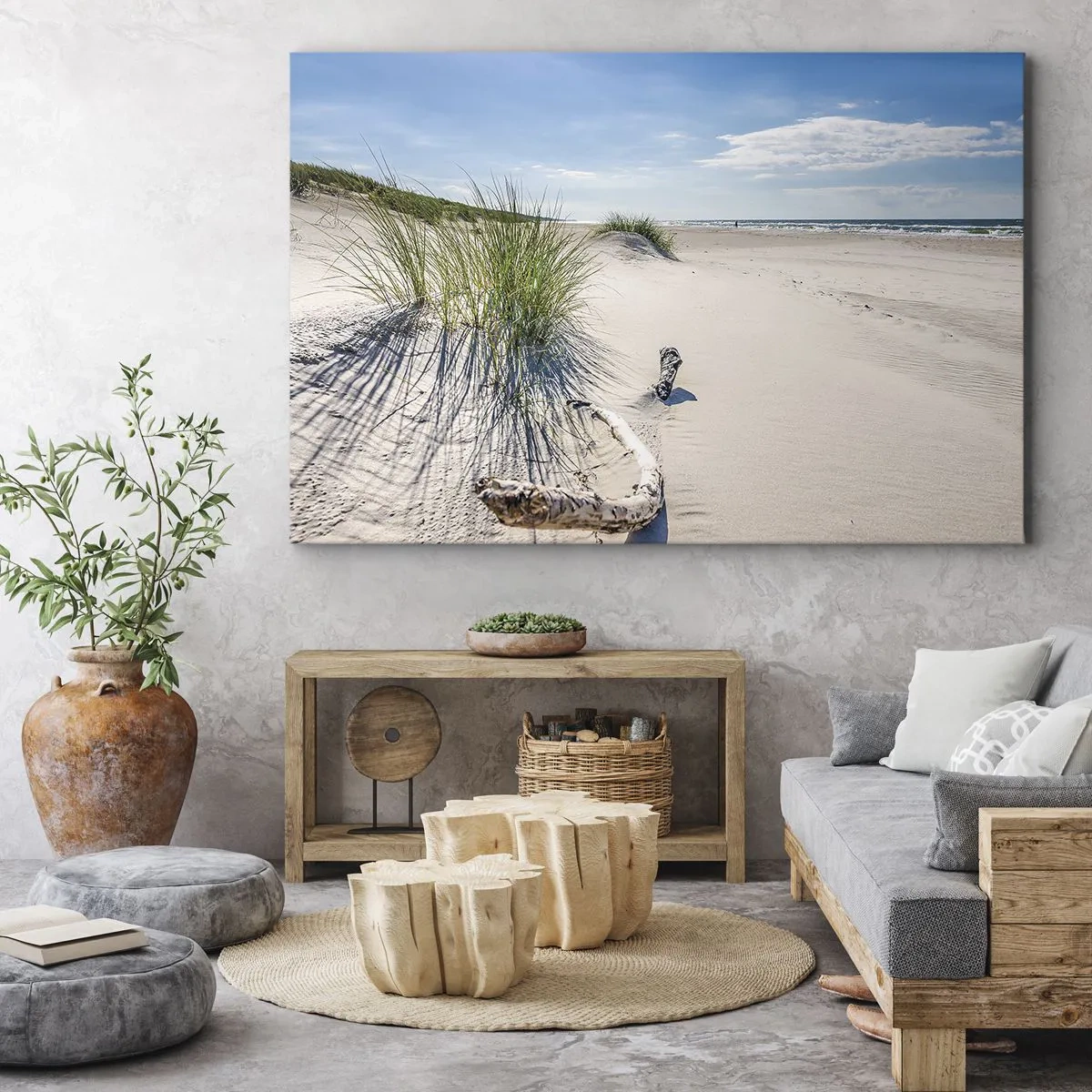 Obraz na płótnie - Bałtycka plaża z piaskiem, trawami i spokojnym błękitnym niebem - 70x50cm - Najpiękniejsza? Bałtycka - Nowoczesna dekoracja ścienna do salonu i sypialni ARTTOR