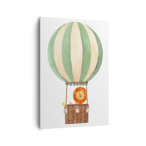 Obraz na płótnie - Balon z uśmiechniętym lwem w koszu w pastelowych barwach - 70x100cm - Podróże Leona - Nowoczesna dekoracja ścienna do salonu i sypialni ARTTOR