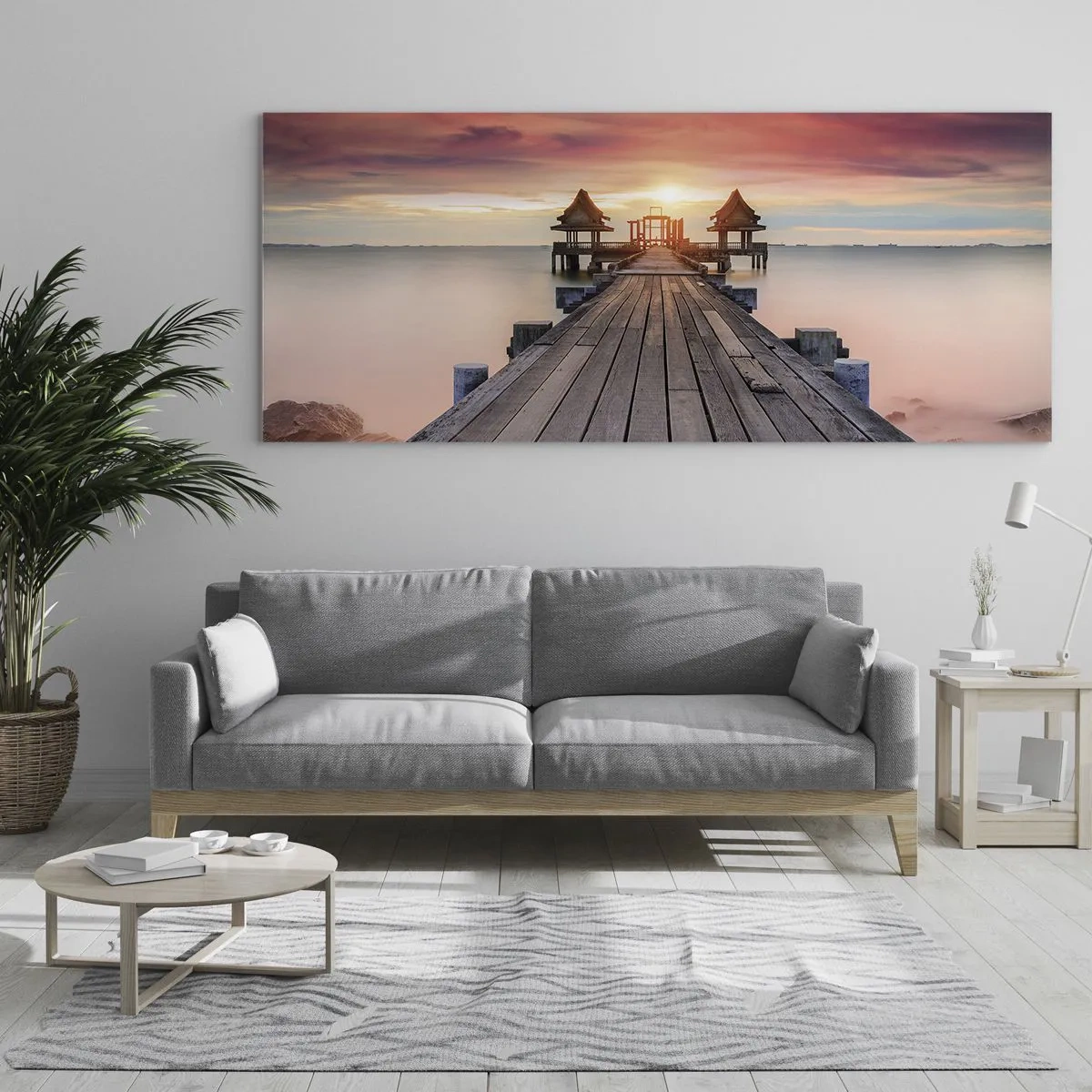 Obraz na szkle - Drewniane molo prowadzące do altanek o zachodzie słońca - 120x50cm - Zachód na wschodzie - Nowoczesna dekoracja ścienna do salonu i sypialni ARTTOR