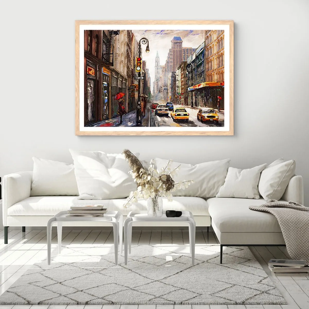 Plakat w ramie jasny dąb - Nowy Jork – w deszczu tez kolorowy - 91x61 cm