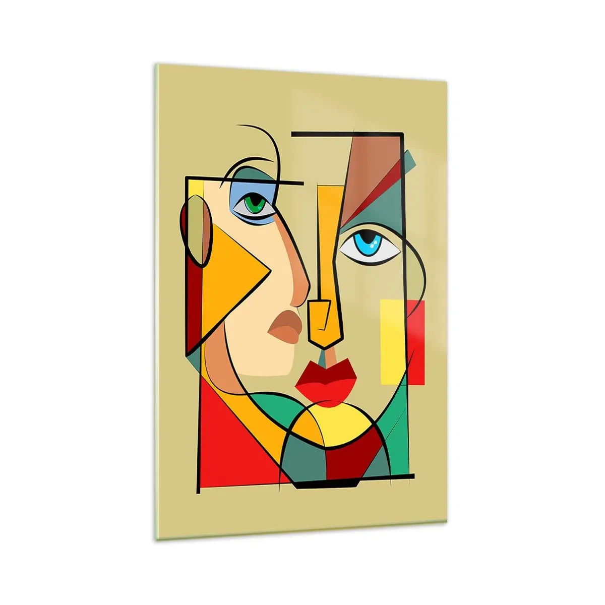 Obraz na szkle - Kolorowy abstrakcyjny portret w stylu kubistycznym - 80x120cm - Dobrana para - Nowoczesna dekoracja ścienna do salonu i sypialni ARTTOR