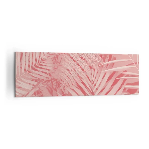 Obraz na płótnie - Różowe liście tropikalne w delikatnym i minimalistycznym stylu - 160x50cm - Różowy koncept - Nowoczesna dekoracja ścienna do salonu i sypialni ARTTOR