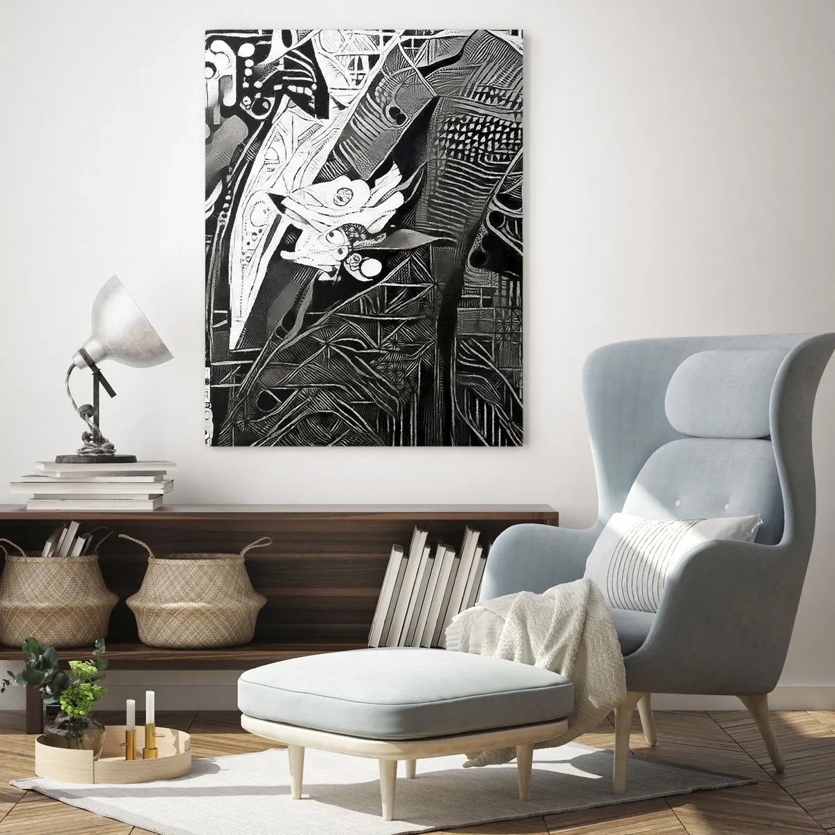 Obraz na szkle - Elegancka abstrakcja z mężczyzną w garniturze w czerni i bieli - 70x100cm - Tylko na pozór szary człowiek - Nowoczesna dekoracja ścienna do salonu i sypialni ARTTOR