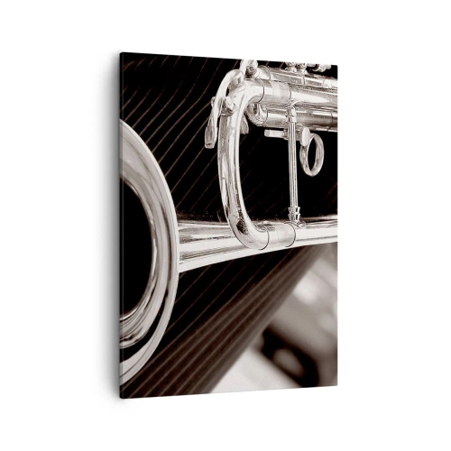 Obraz na płótnie - Blacha trąbki w zbliżeniu w stylu retro - 50x70cm - Muzyczna podróż do lat 30. - Nowoczesna dekoracja ścienna do salonu, kuchni i sypialni ARTTOR