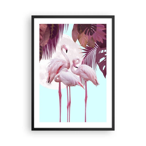 Plakat w czarnej ramie - Flamingi na tle tropikalnych liści i pełni księżyca - 50x70cm - Trzy ptasie gracje - Nowoczesna dekoracja ścienna do salonu i sypialni ARTTOR
