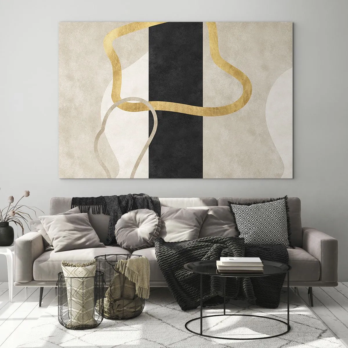 Obraz na szkle - Złote i beżowe linie tworzące zapętlone formy na tle czarnego paska - 70x50cm - Kształty zapętlone - Nowoczesna dekoracja ścienna do salonu i sypialni ARTTOR