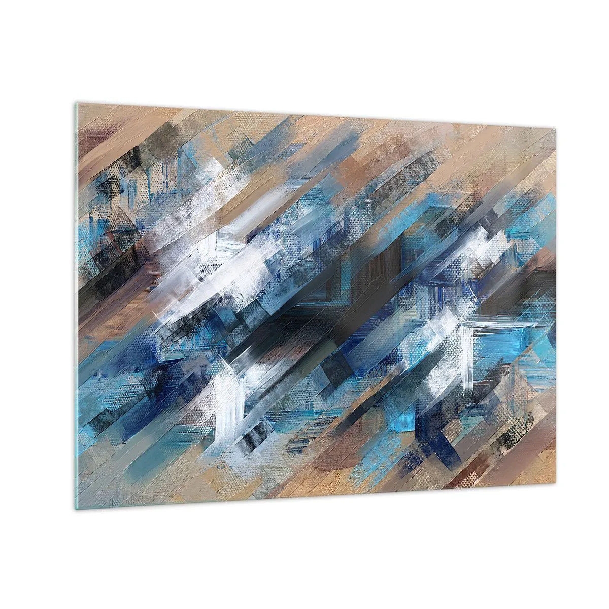Obraz na szkle - Abstrakcyjne skośne pasy w odcieniach błękitu, bieli i beżu - 70x50cm - Po błękitnym skosie - Nowoczesna dekoracja ścienna do salonu i sypialni ARTTOR