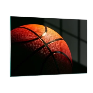 Obraz na szkle - Pomarańczowa piłka do koszykówki na ciemnym tle - 120x80cm - Piękna jak planeta - Nowoczesna dekoracja ścienna do salonu, kuchni i sypialni ARTTOR