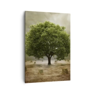 Obraz na płótnie - Samotne zielone drzewo pośród ściętych pni na pustkowiu - 50x70cm - Cała nadzieja - Nowoczesna dekoracja ścienna do salonu, kuchni i sypialni ARTTOR