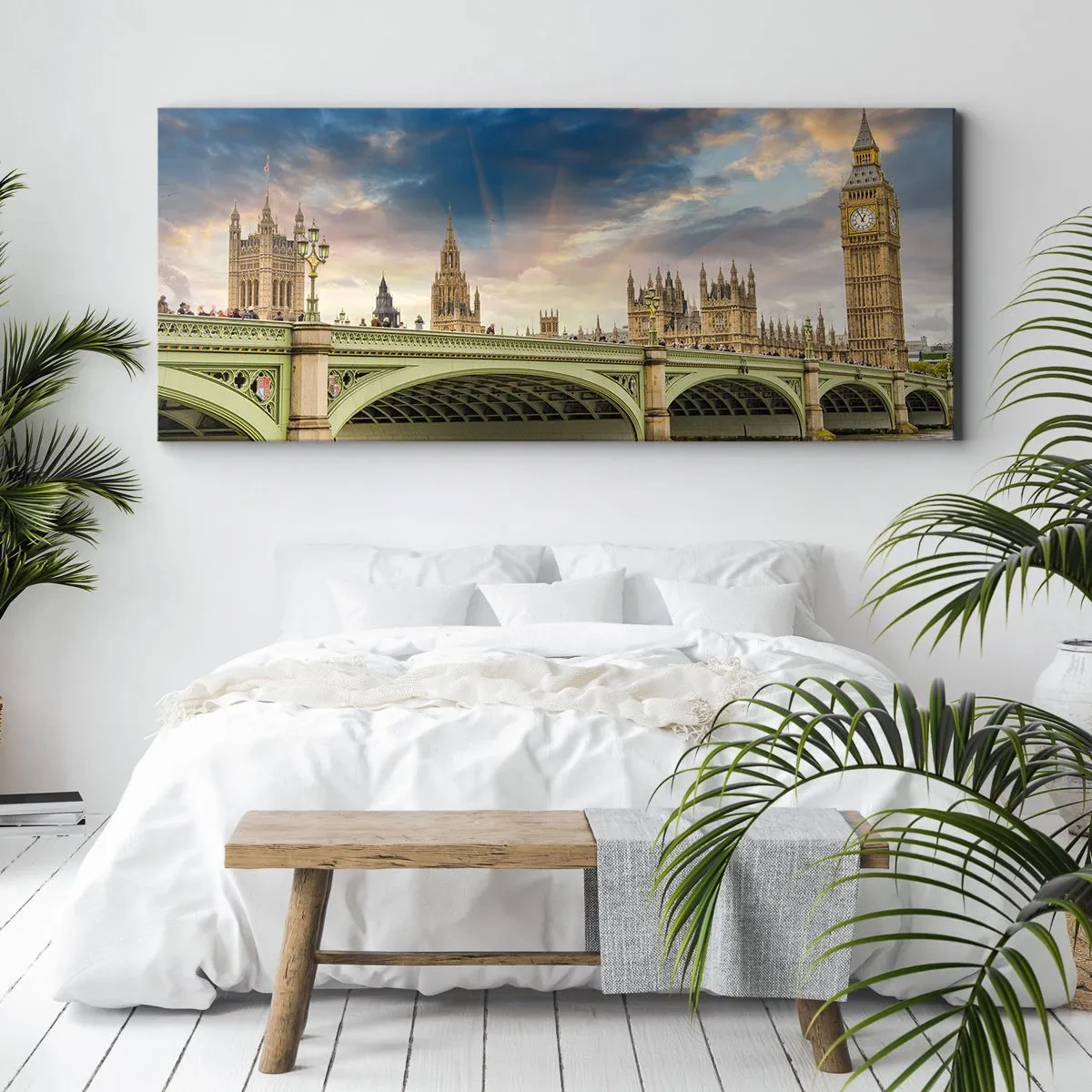 Obraz na płótnie - Big Ben i Westminster Bridge na tle nieba o zmierzchu - 160x50cm - Czas stanął w Imperium - Nowoczesna dekoracja ścienna do salonu i sypialni ARTTOR