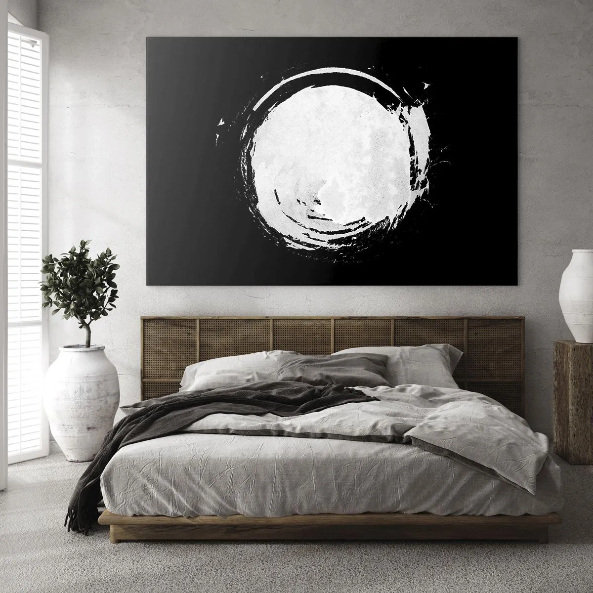 Obraz na szkle - Biały abstrakcyjny okrąg na czarnym tle - 70x50cm - Dobre wyjście - Nowoczesna dekoracja ścienna do salonu i sypialni ARTTOR