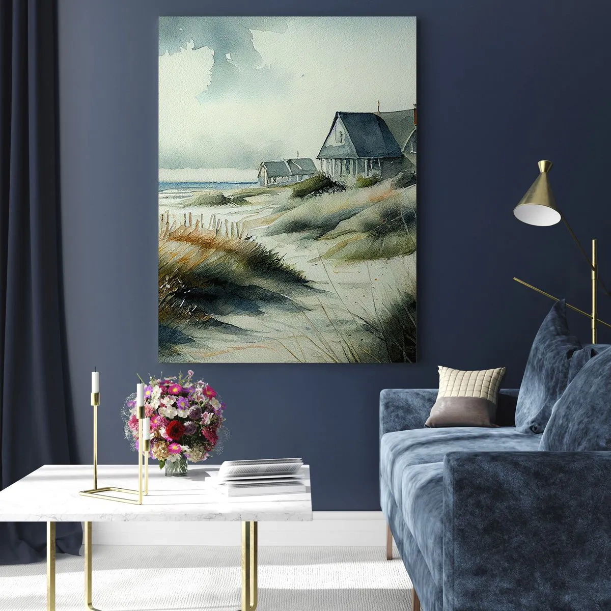 Obraz na szkle - Domy na wydmach przy plaży pod zachmurzonym niebem - 50x70cm - Z dala od zgiełku - Nowoczesna dekoracja ścienna do salonu, kuchni i sypialni ARTTOR
