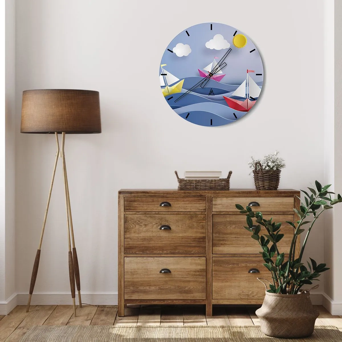 Zegar ścienny - Papierowe łódki na falach w słoneczny dzień - 30x30cm - Ach, jak przyjemnie kołysać się wśród fal - Nowoczesna dekoracja ścienna do salonu, kuchni i sypialni ARTTOR