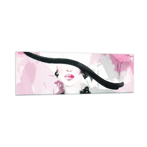 Obraz na szkle - Elegancka kobieta w kapeluszu na tle różowych abstrakcji - 160x50cm - Portret damy w czerni i różu - Nowoczesna dekoracja ścienna do salonu i sypialni ARTTOR