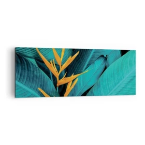 Obraz na płótnie - Egzotyczny kwiat na tle liści bananowca w turkusowych odcieniach - 140x50cm - Kwiat Edenu - Nowoczesna dekoracja ścienna do salonu i sypialni ARTTOR
