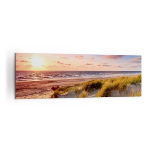 Obraz na płótnie - Plaża z trawami i zachód słońca nad spokojnym morzem - 160x50cm - Już latem pachnie powietrze - Nowoczesna dekoracja ścienna do salonu i sypialni ARTTOR